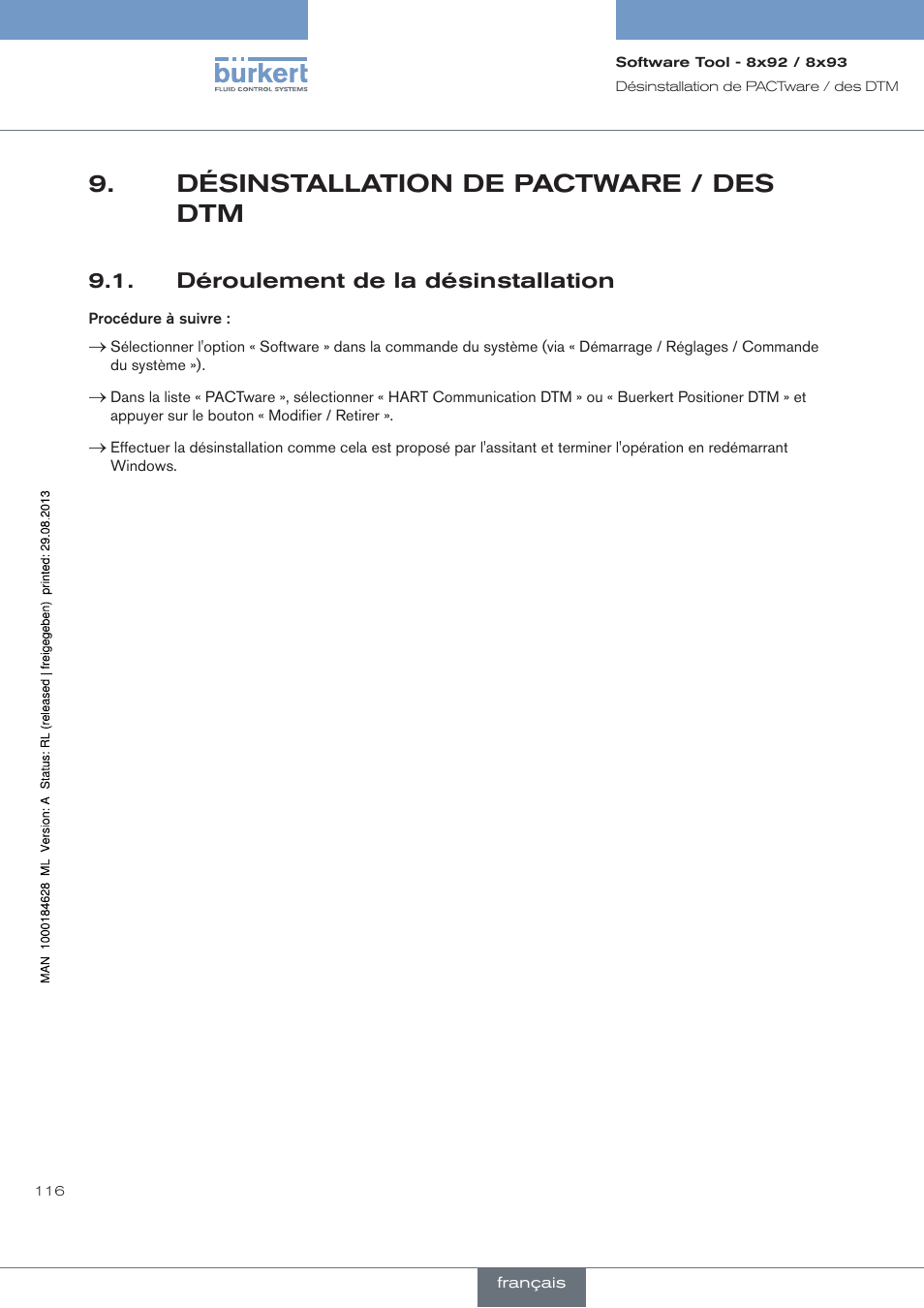 Désinstallation de pactware / des dtm, Déroulement de la désinstallation | Burkert Type 8793 User Manual | Page 116 / 118