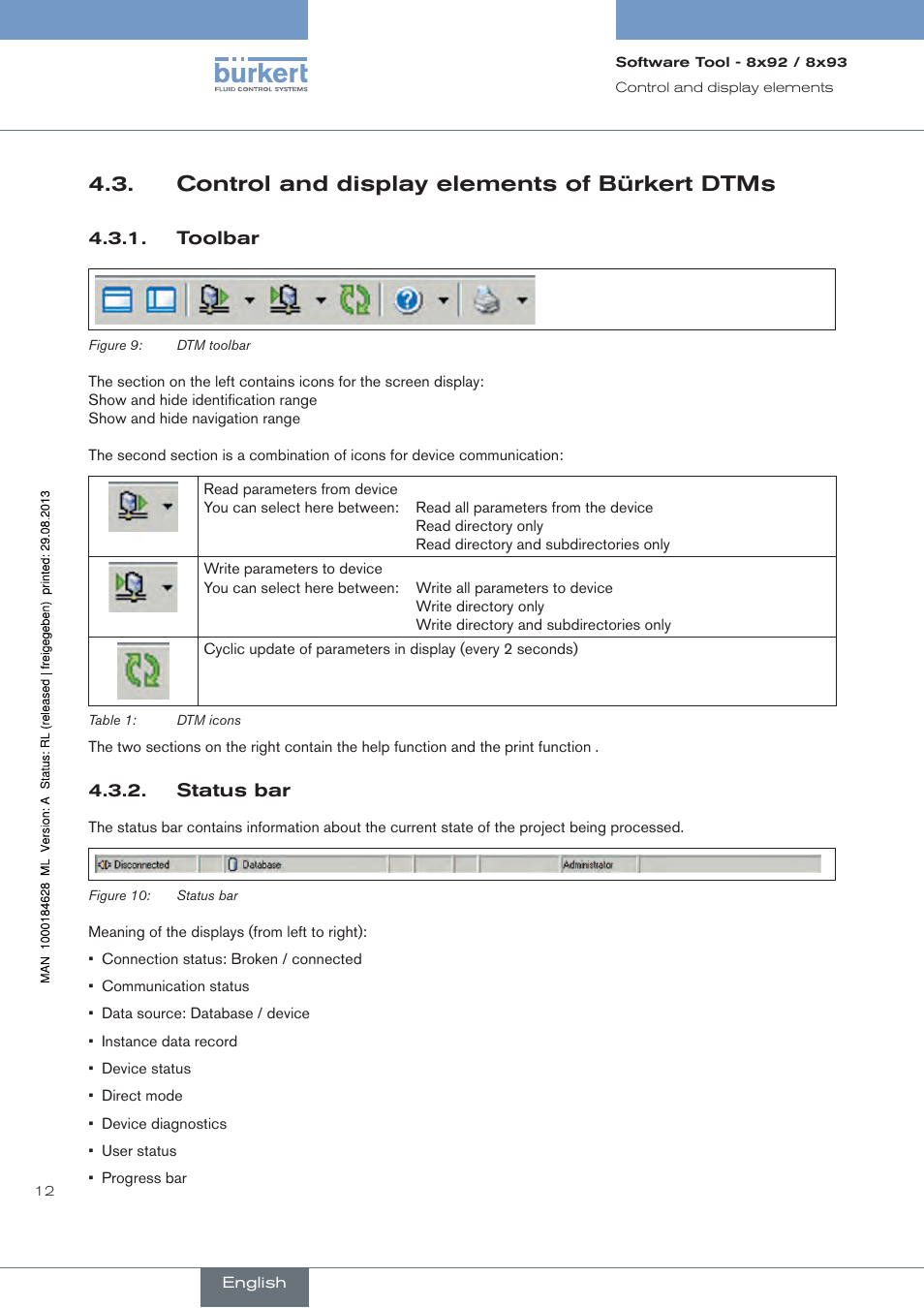 Control and display elements of bürkert dtms, Toolbar, Status bar | Burkert Type 8793 User Manual | Page 12 / 118