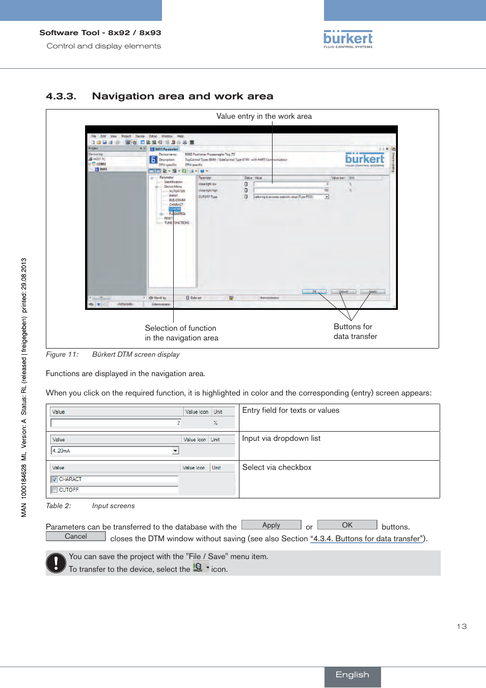 Navigation area and work area | Burkert Type 8793 User Manual | Page 13 / 118