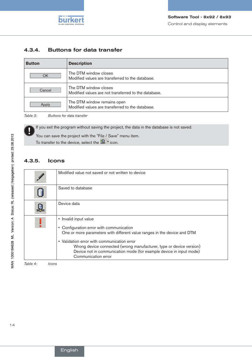 Buttons for data transfer, Icons | Burkert Type 8793 User Manual | Page 14 / 118
