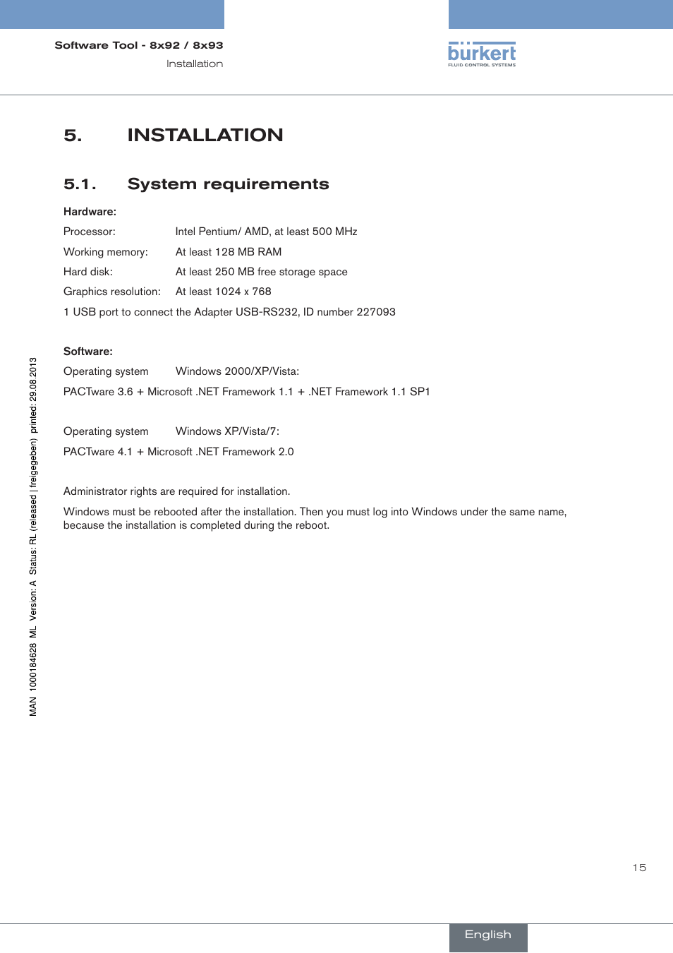 Installation, System requirements | Burkert Type 8793 User Manual | Page 15 / 118