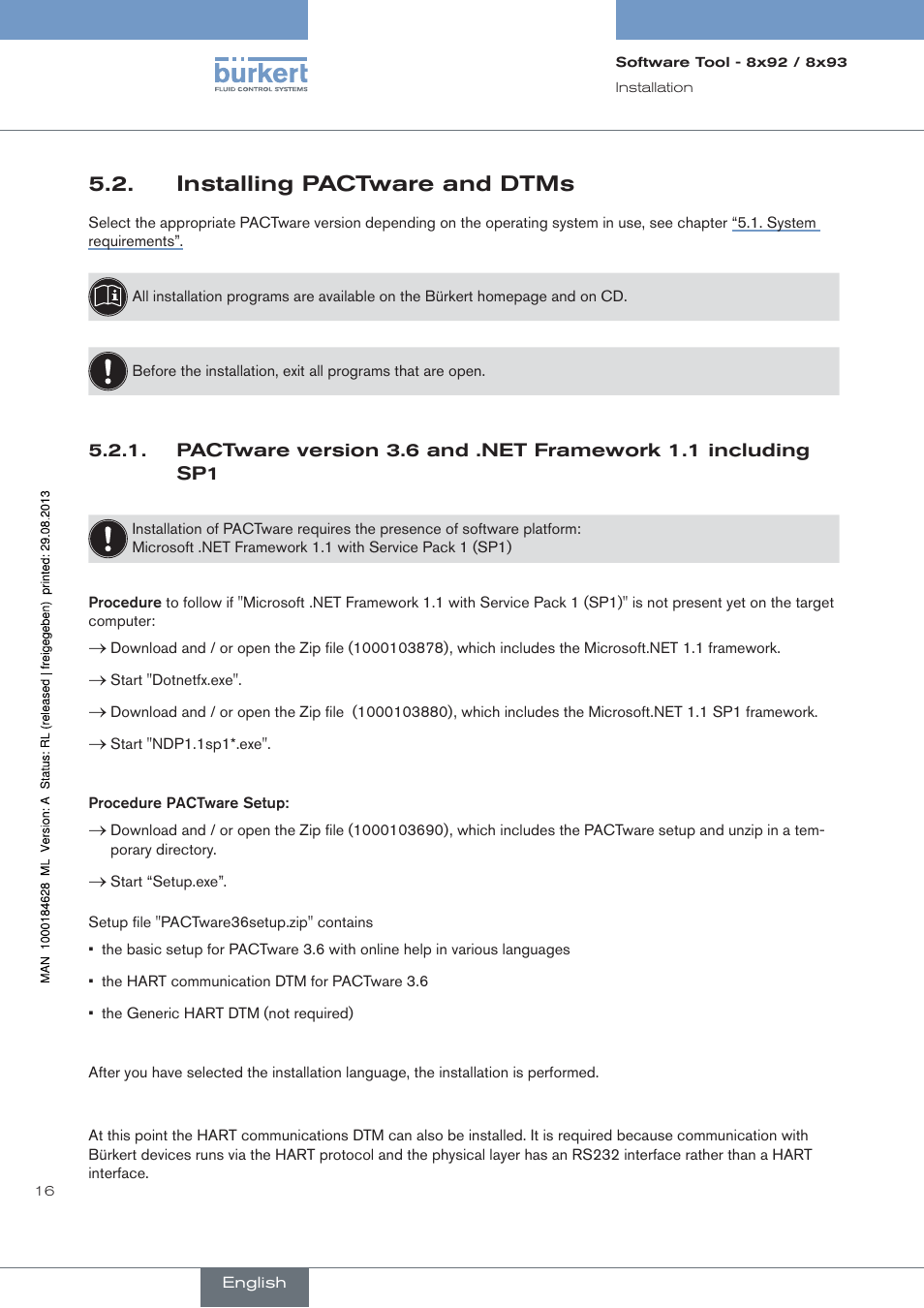 Installing pactware and dtms | Burkert Type 8793 User Manual | Page 16 / 118