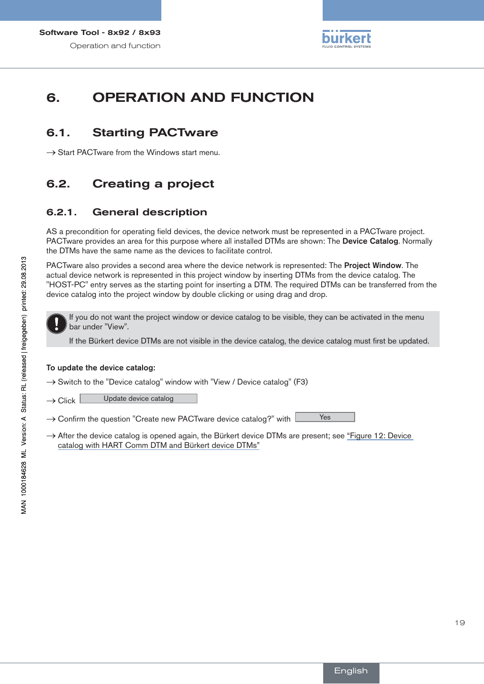 Operation and function, Starting pactware, Creating a project | General description | Burkert Type 8793 User Manual | Page 19 / 118