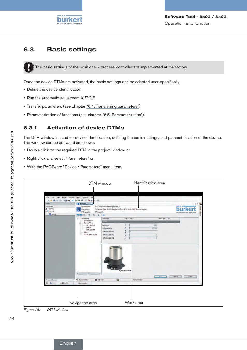 Basic settings, Activation of device dtms | Burkert Type 8793 User Manual | Page 24 / 118