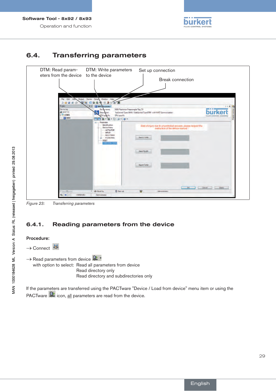 Transferring parameters, Reading parameters from the device | Burkert Type 8793 User Manual | Page 29 / 118