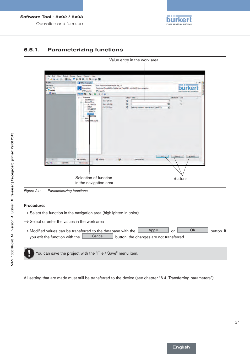 Parameterizing functions | Burkert Type 8793 User Manual | Page 31 / 118