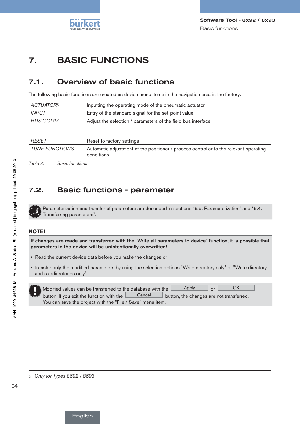 Basic functions, Overview of basic functions, Basic functions - parameter | Burkert Type 8793 User Manual | Page 34 / 118