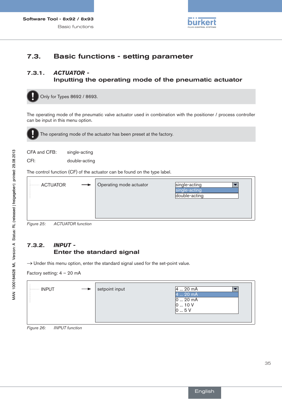 Basic functions - setting parameter, Actuator, Input | Enter the standard signal | Burkert Type 8793 User Manual | Page 35 / 118