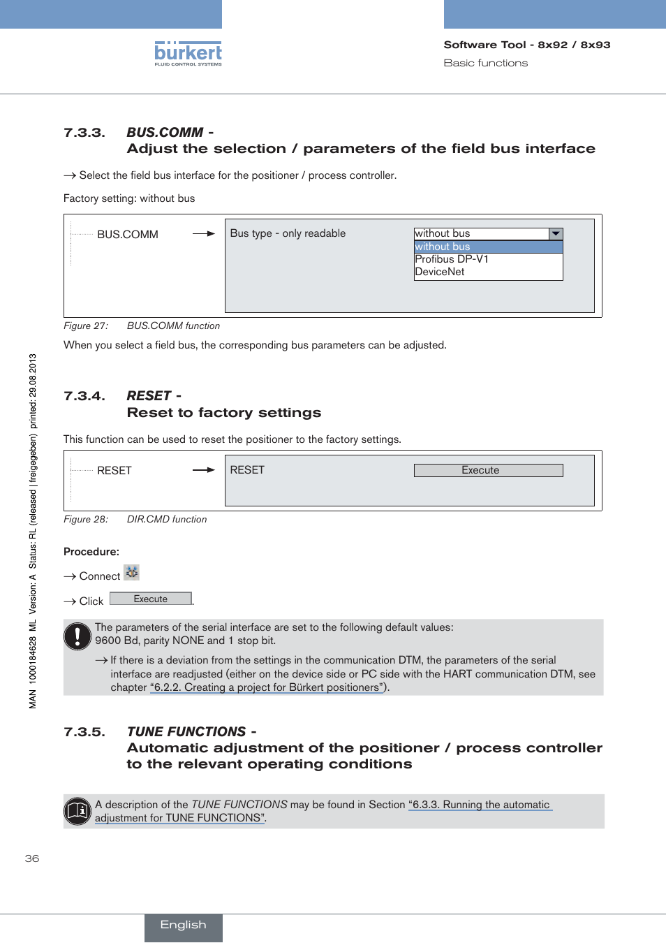 Bus.comm, Reset, Reset to factory settings | Tune functions, Operating conditions | Burkert Type 8793 User Manual | Page 36 / 118