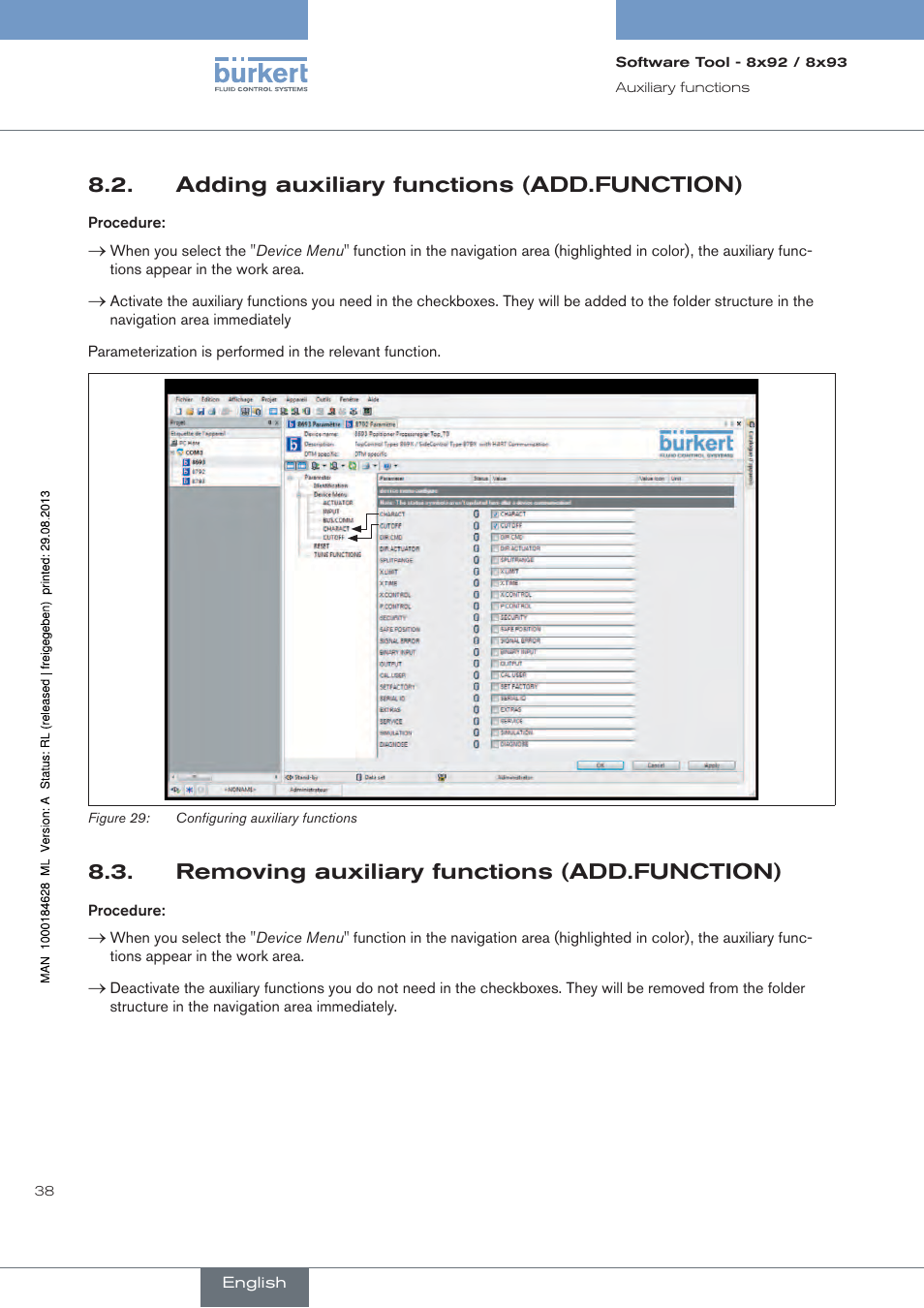 Adding auxiliary functions (add.function), Removing auxiliary functions (add.function) | Burkert Type 8793 User Manual | Page 38 / 118