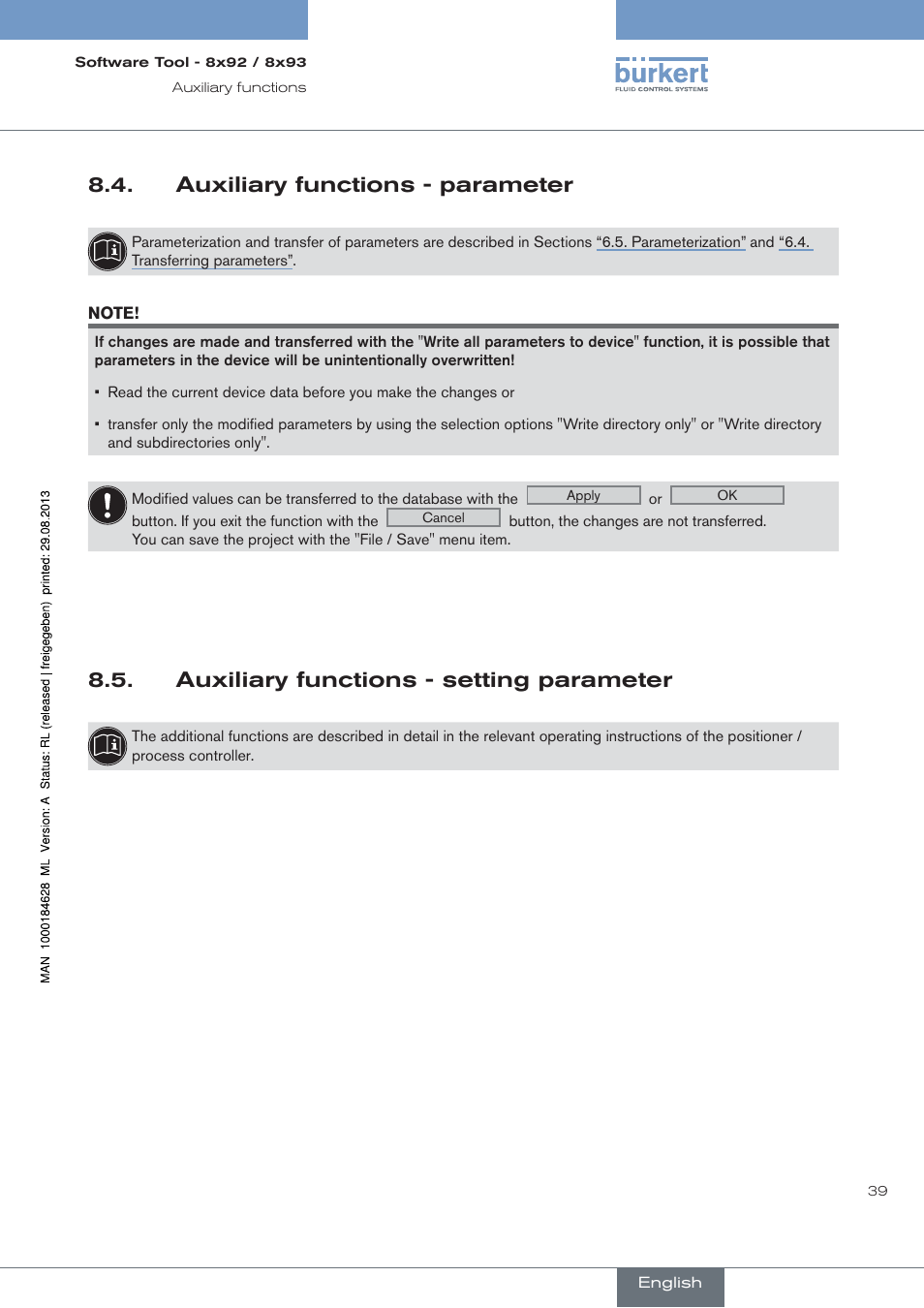 Auxiliary functions - parameter, Auxiliary functions - setting parameter | Burkert Type 8793 User Manual | Page 39 / 118