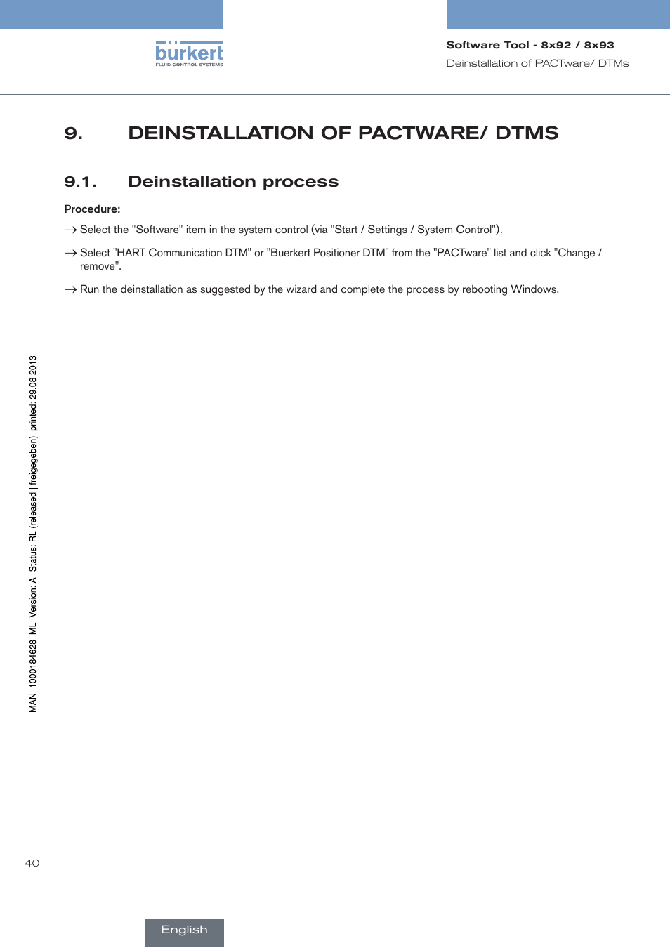 Deinstallation of pactware/ dtms, Deinstallation process | Burkert Type 8793 User Manual | Page 40 / 118