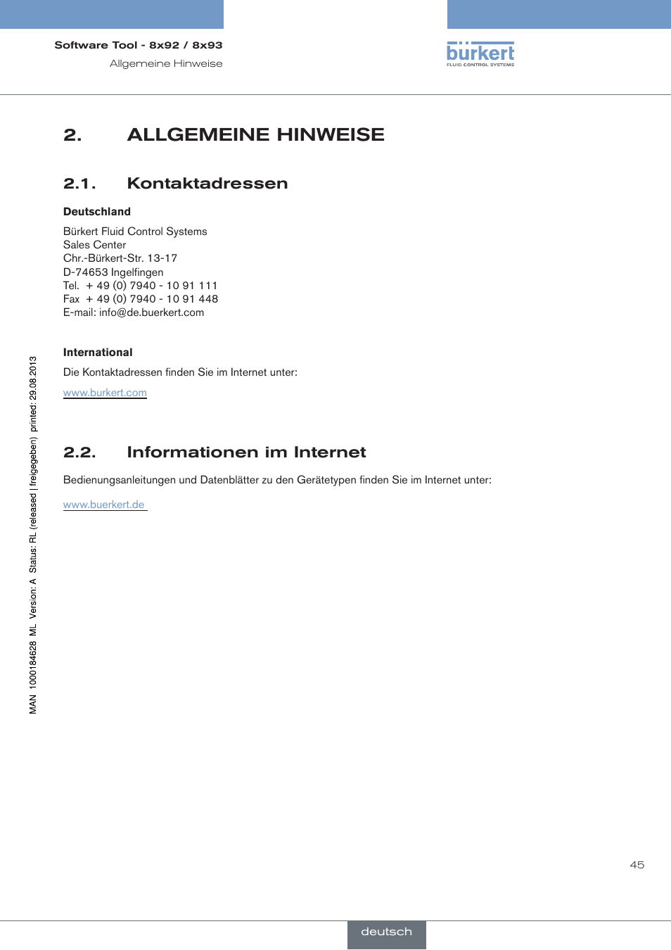 Allgemeine hinweise, Kontaktadressen, Informationen im internet | Burkert Type 8793 User Manual | Page 45 / 118