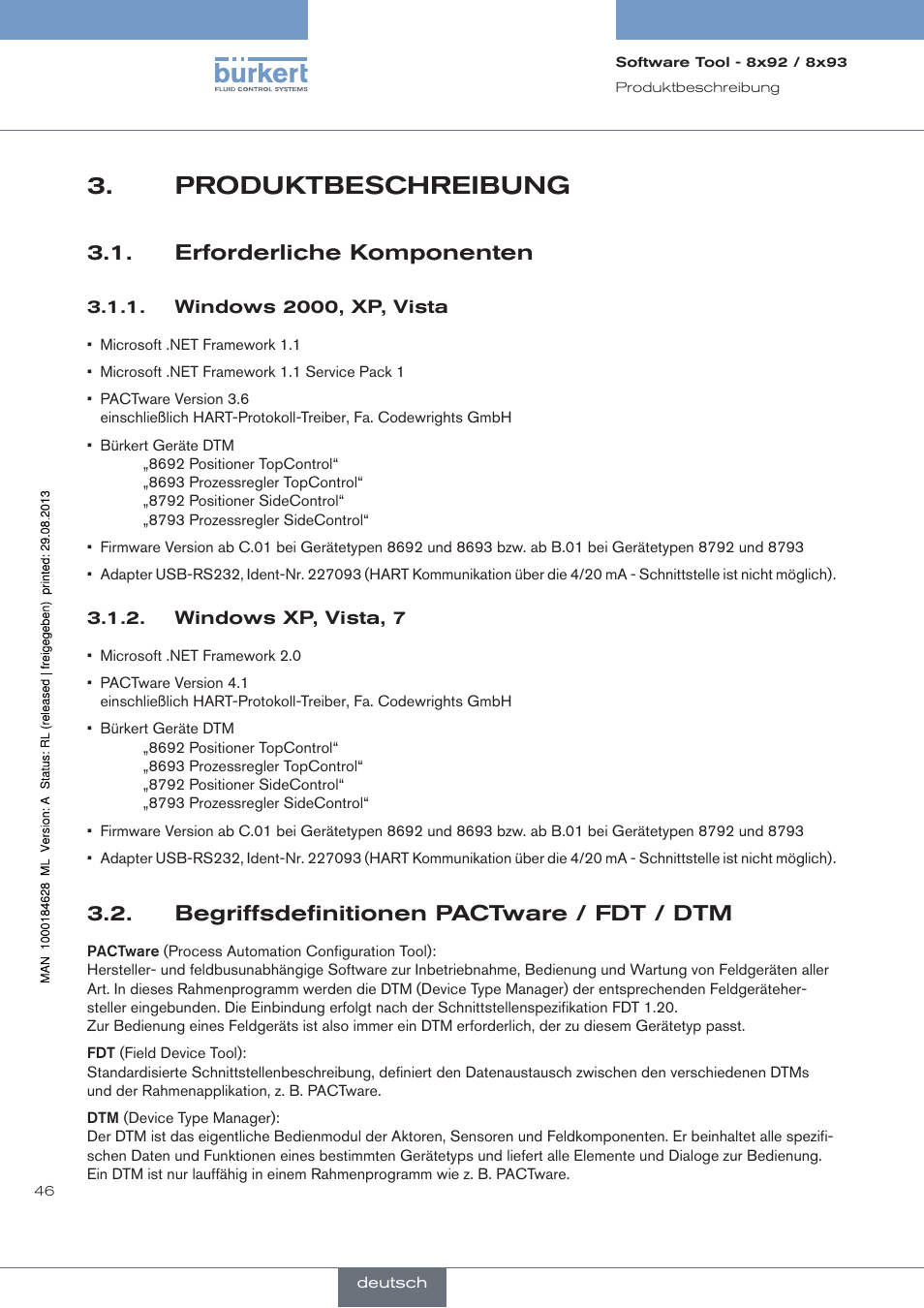 Produktbeschreibung, Erforderliche komponenten, Windows 2000, xp, vista | Windows xp, vista, 7, Begriffsdefinitionen pactware / fdt / dtm | Burkert Type 8793 User Manual | Page 46 / 118