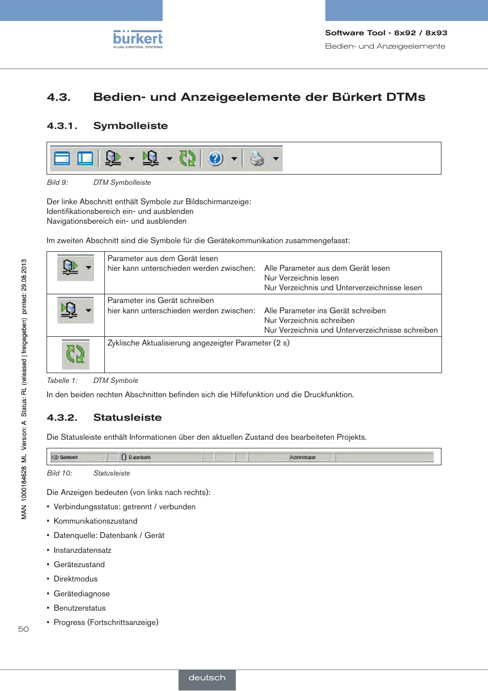 Bedien- und anzeigeelemente der bürkert dtms, Symbolleiste, Statusleiste | Burkert Type 8793 User Manual | Page 50 / 118