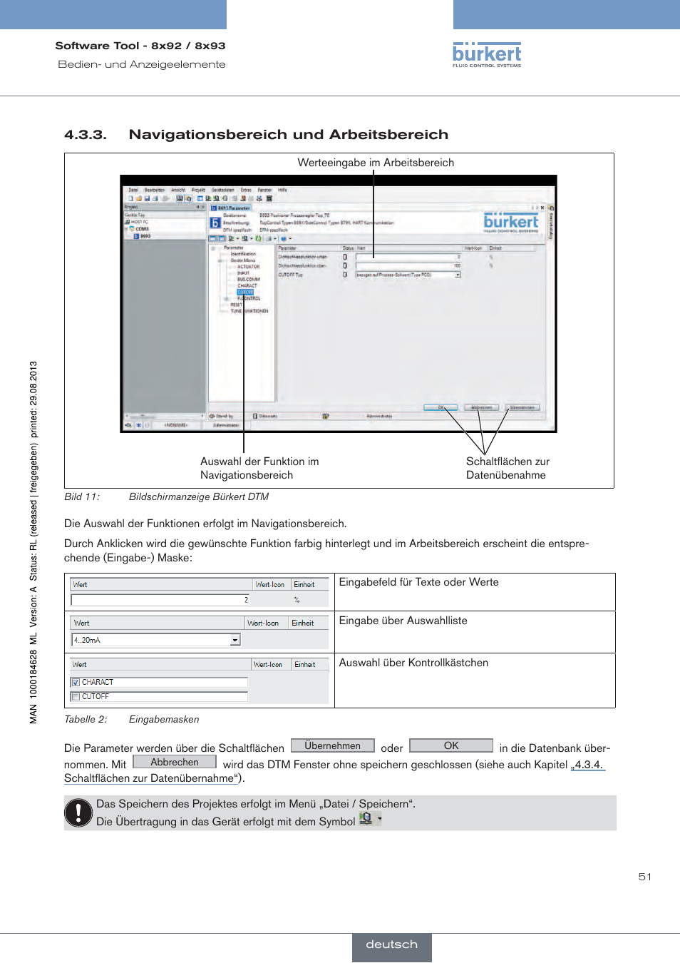 Navigationsbereich und arbeitsbereich | Burkert Type 8793 User Manual | Page 51 / 118