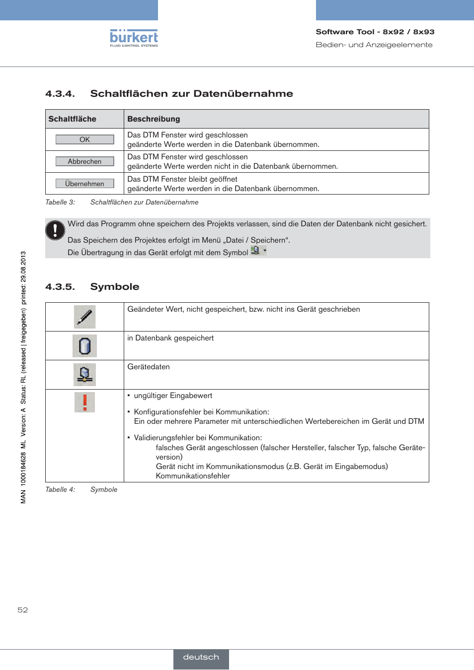 Schaltflächen zur datenübernahme, Symbole | Burkert Type 8793 User Manual | Page 52 / 118