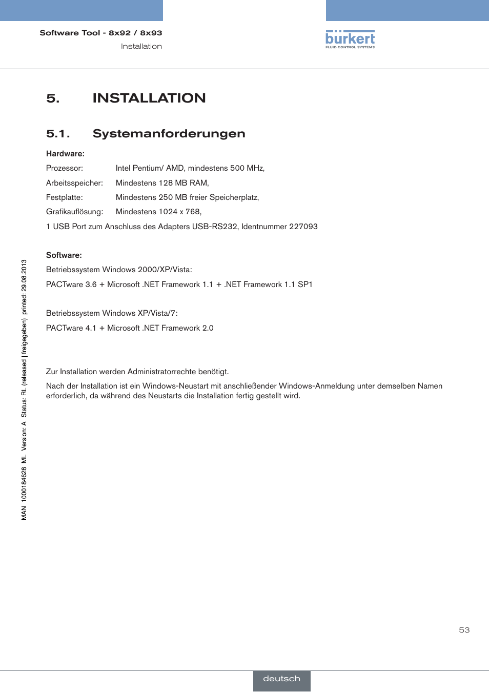 Installation, Systemanforderungen | Burkert Type 8793 User Manual | Page 53 / 118