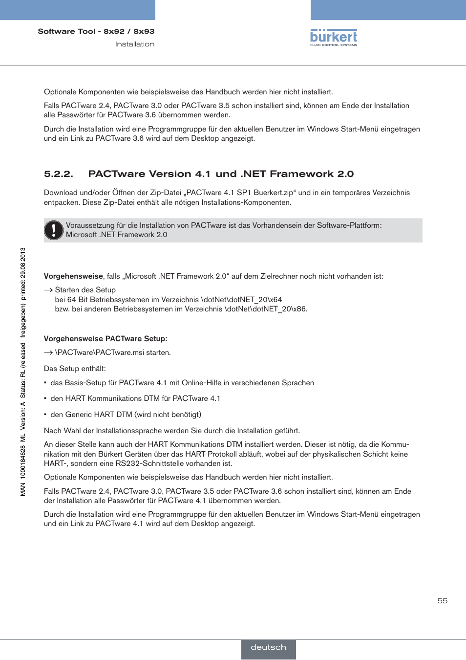 Pactware version 4.1 und .net framework 2.0 | Burkert Type 8793 User Manual | Page 55 / 118
