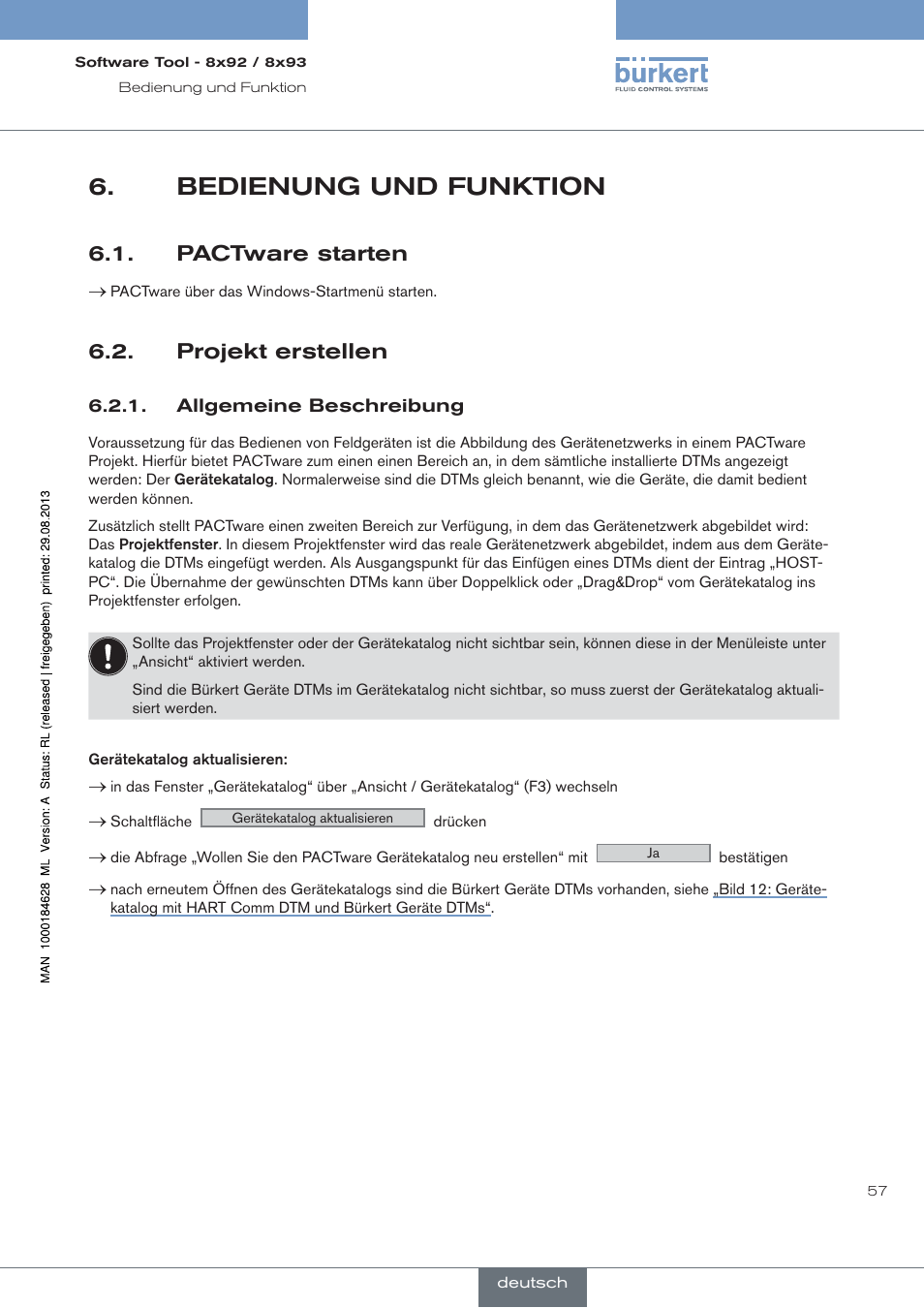 Bedienung und funktion, Pactware starten, Projekt erstellen | Allgemeine beschreibung | Burkert Type 8793 User Manual | Page 57 / 118