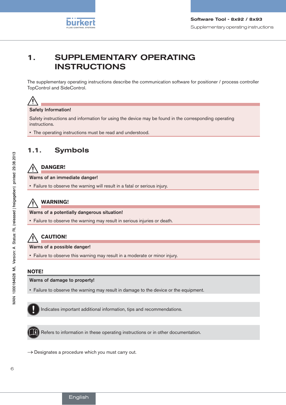 Supplementary operating instructions, Symbols | Burkert Type 8793 User Manual | Page 6 / 118