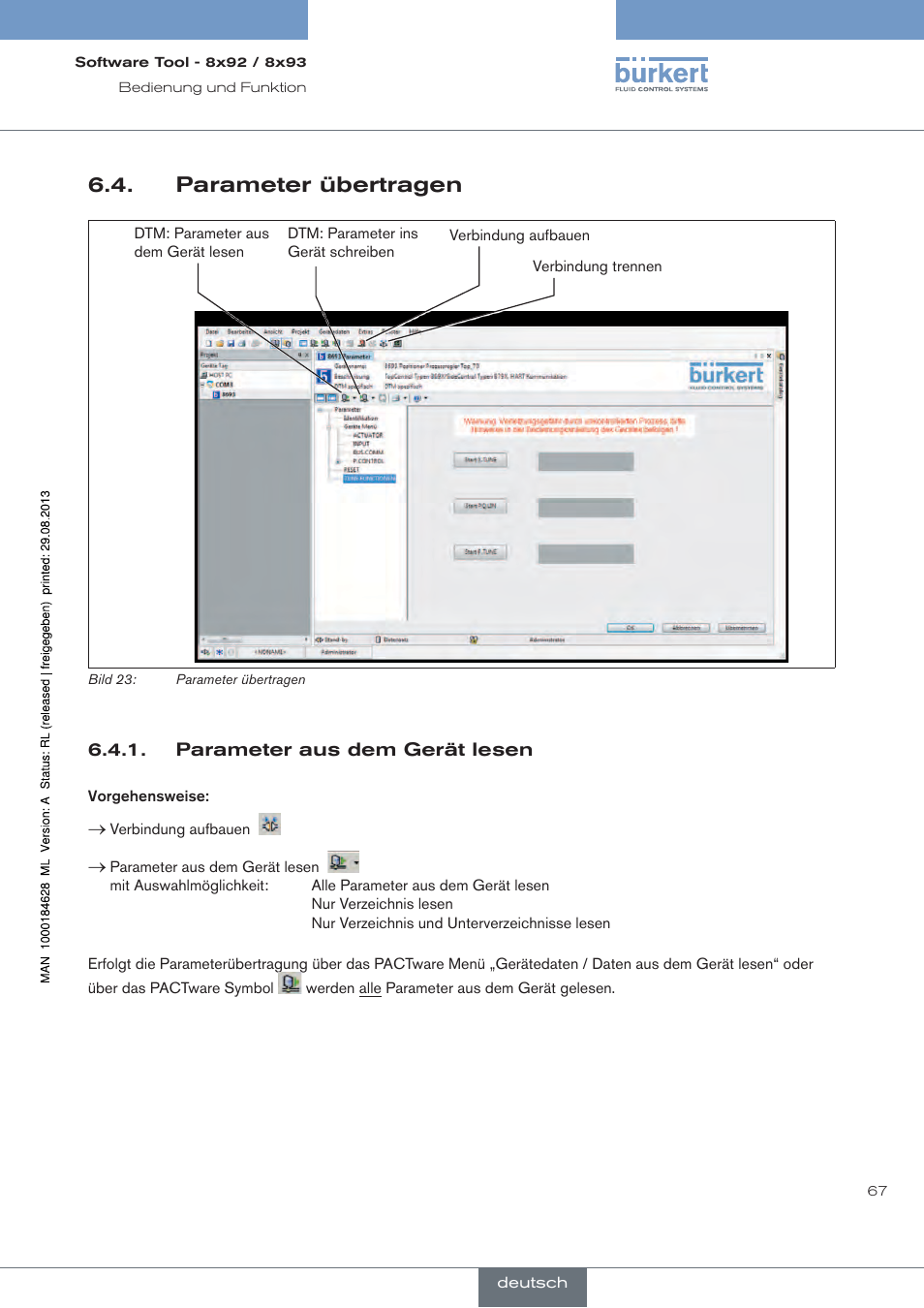 Parameter übertragen, Parameter aus dem gerät lesen | Burkert Type 8793 User Manual | Page 67 / 118