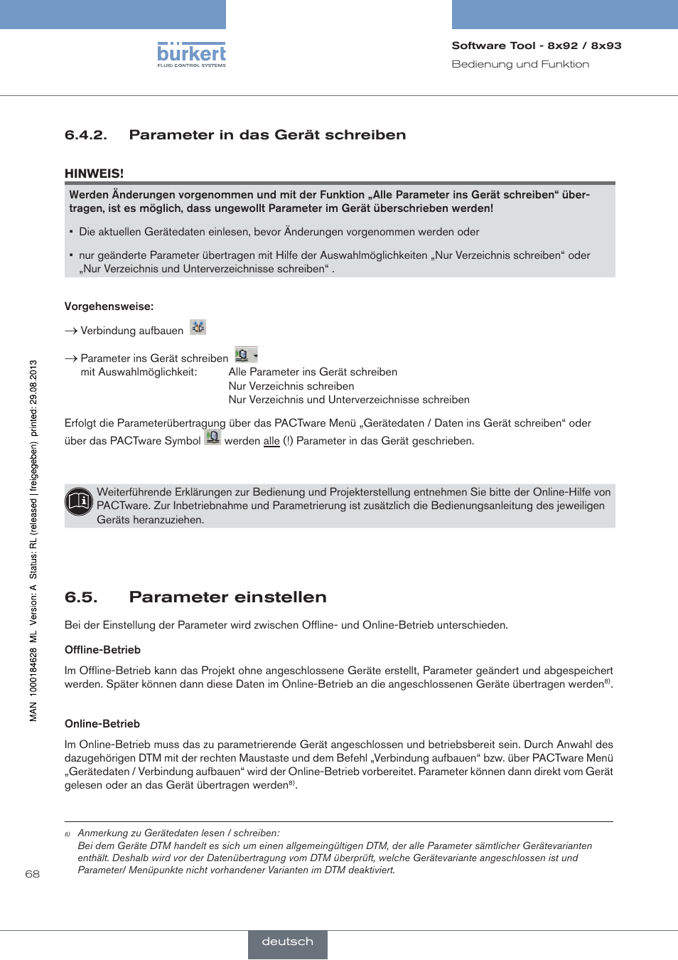 Parameter in das gerät schreiben, Parameter einstellen | Burkert Type 8793 User Manual | Page 68 / 118