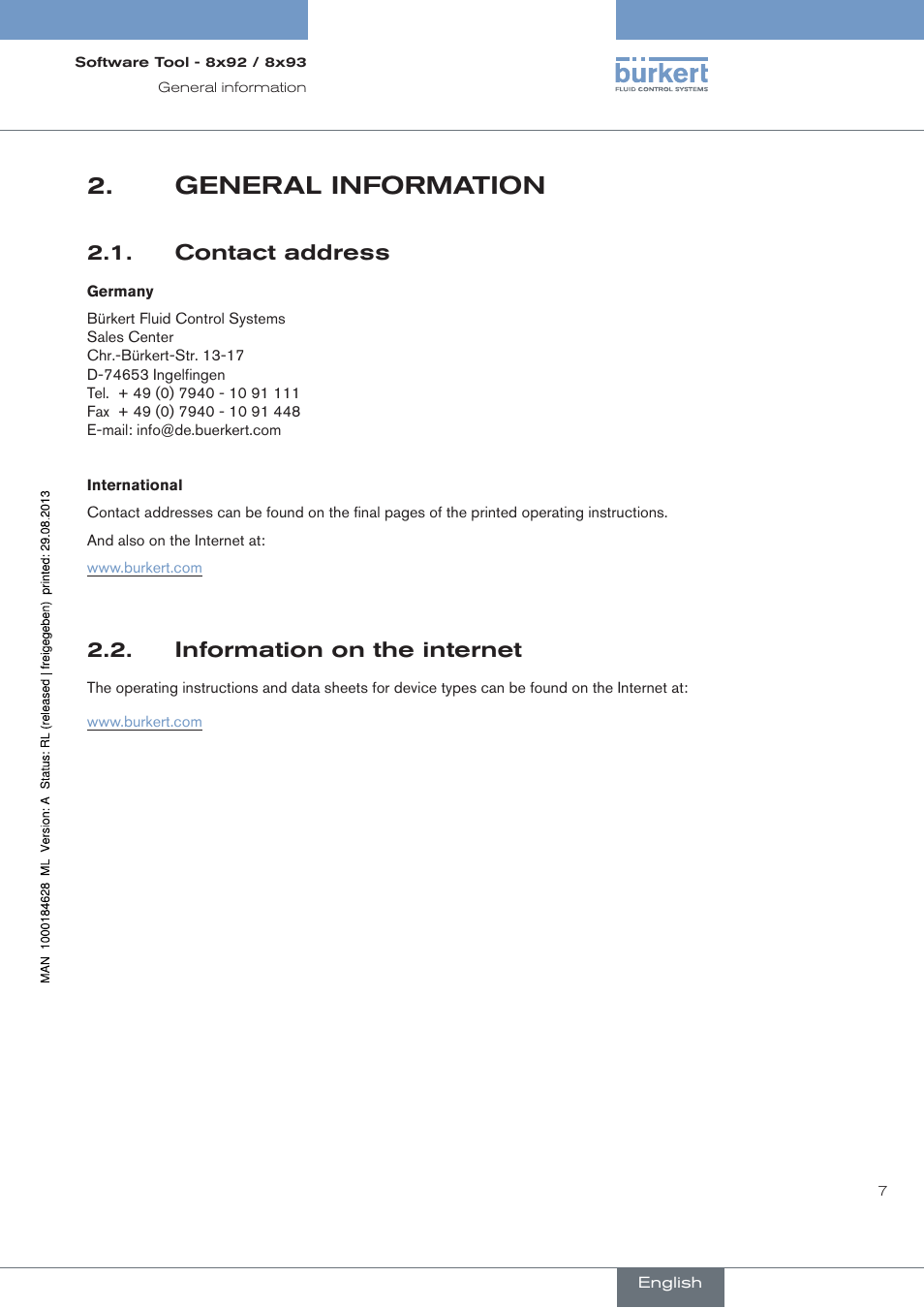 General information, Contact address, Information on the internet | Burkert Type 8793 User Manual | Page 7 / 118