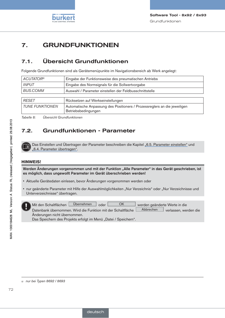 Grundfunktionen, Übersicht grundfunktionen, Grundfunktionen - parameter | Burkert Type 8793 User Manual | Page 72 / 118