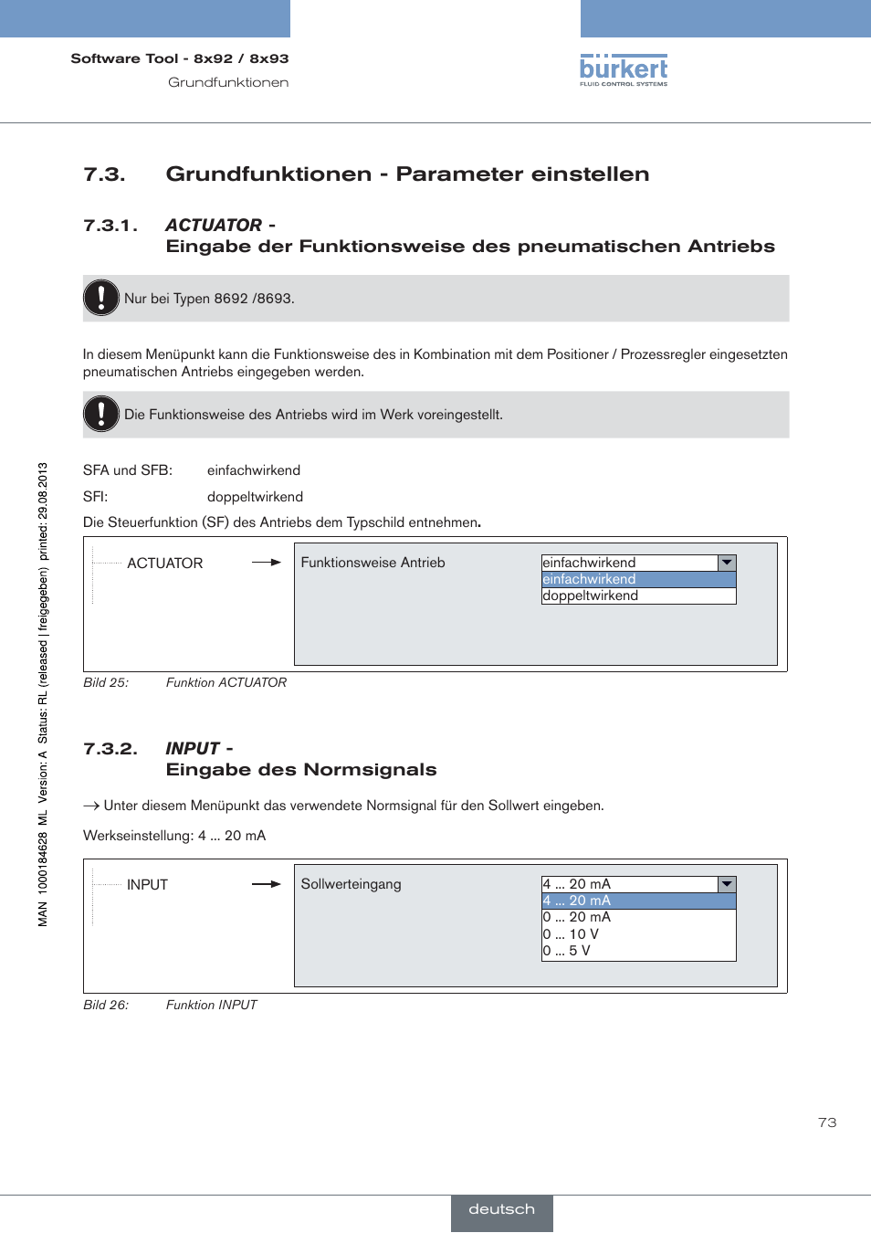 Grundfunktionen - parameter einstellen, Actuator, Input | Eingabe des normsignals | Burkert Type 8793 User Manual | Page 73 / 118