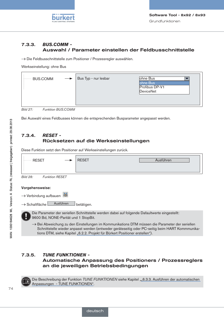 Bus.comm, Reset, Rücksetzen auf die werkseinstellungen | Tune funktionen, Gungen | Burkert Type 8793 User Manual | Page 74 / 118