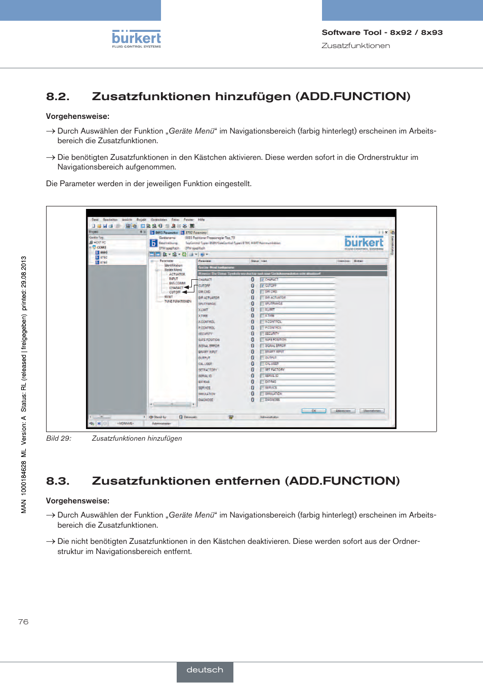 Zusatzfunktionen hinzufügen (add.function), Zusatzfunktionen entfernen (add.function) | Burkert Type 8793 User Manual | Page 76 / 118