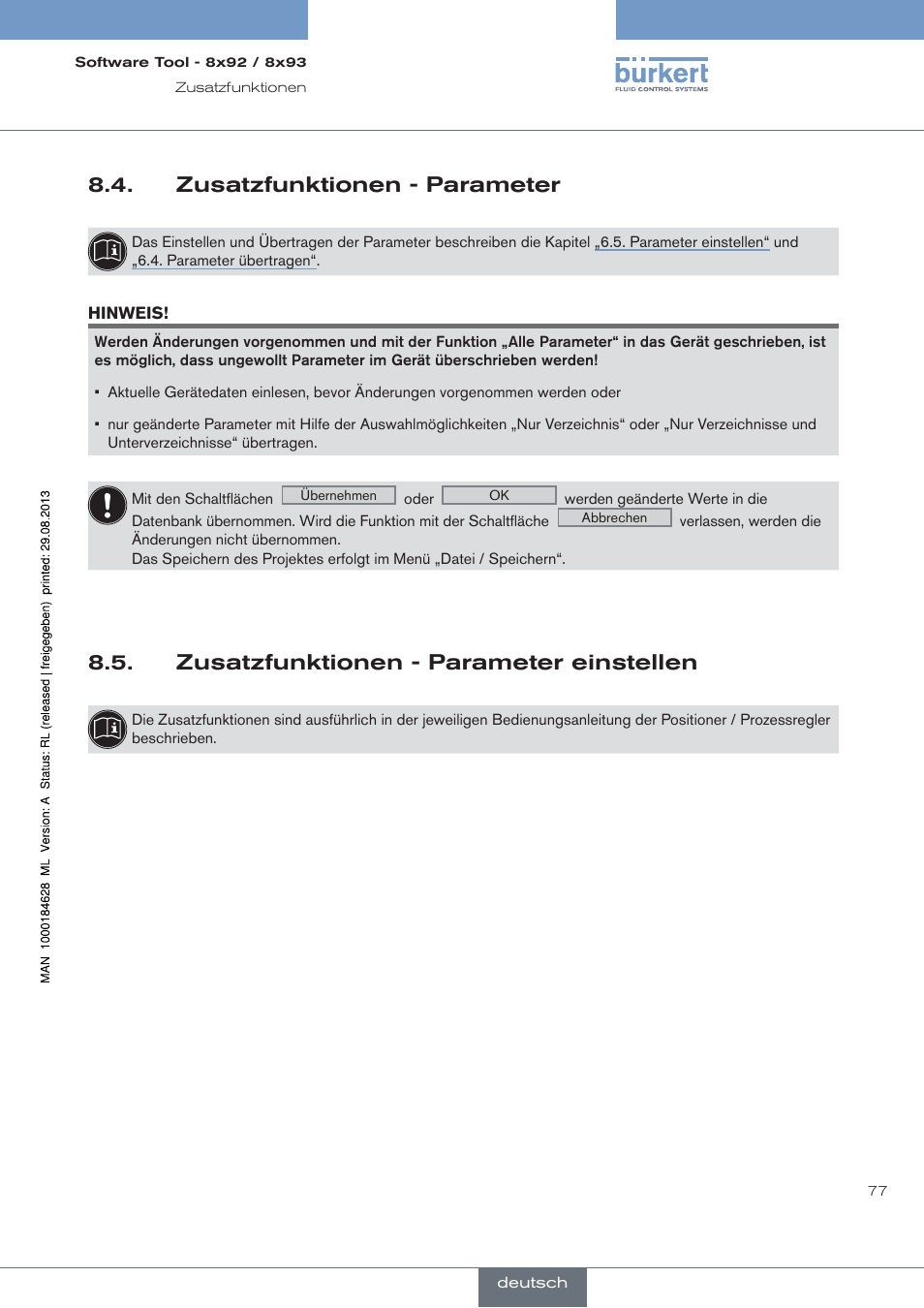 Zusatzfunktionen - parameter, Zusatzfunktionen - parameter einstellen | Burkert Type 8793 User Manual | Page 77 / 118