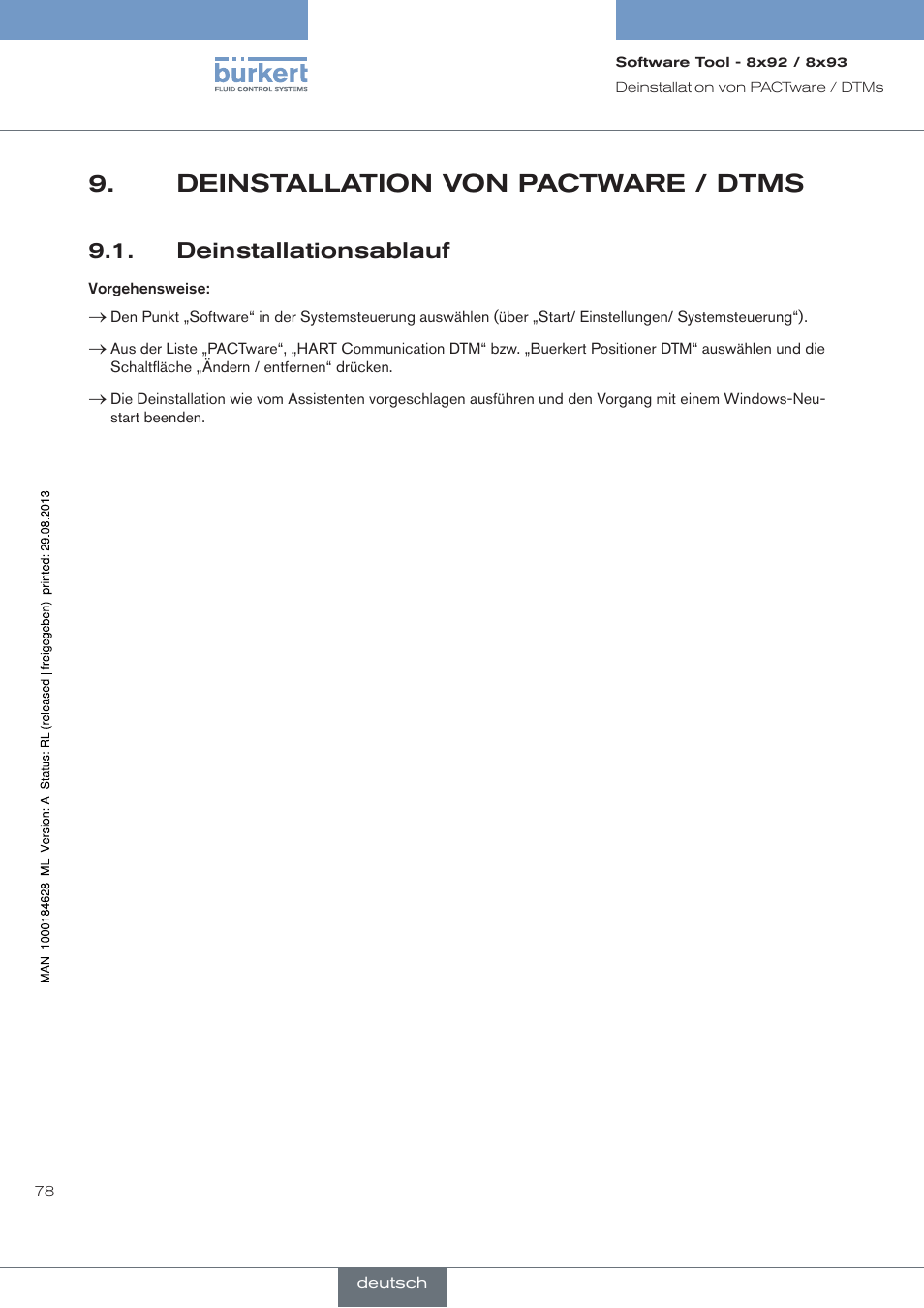 Deinstallation von pactware / dtms, Deinstallationsablauf | Burkert Type 8793 User Manual | Page 78 / 118