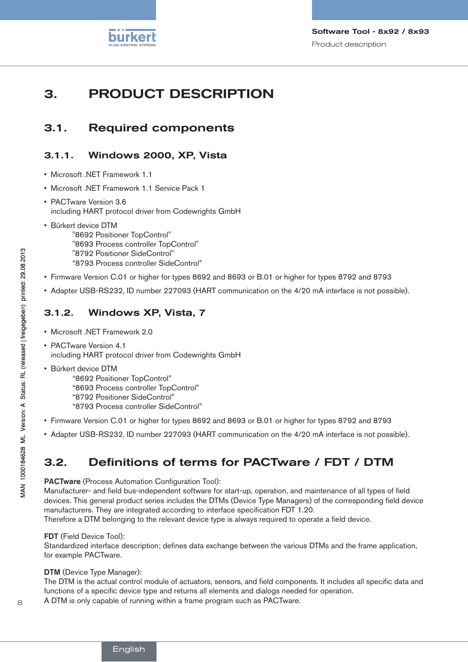 Product description, Required components, Windows 2000, xp, vista | Windows xp, vista, 7, Definitions of terms for pactware / fdt / dtm | Burkert Type 8793 User Manual | Page 8 / 118