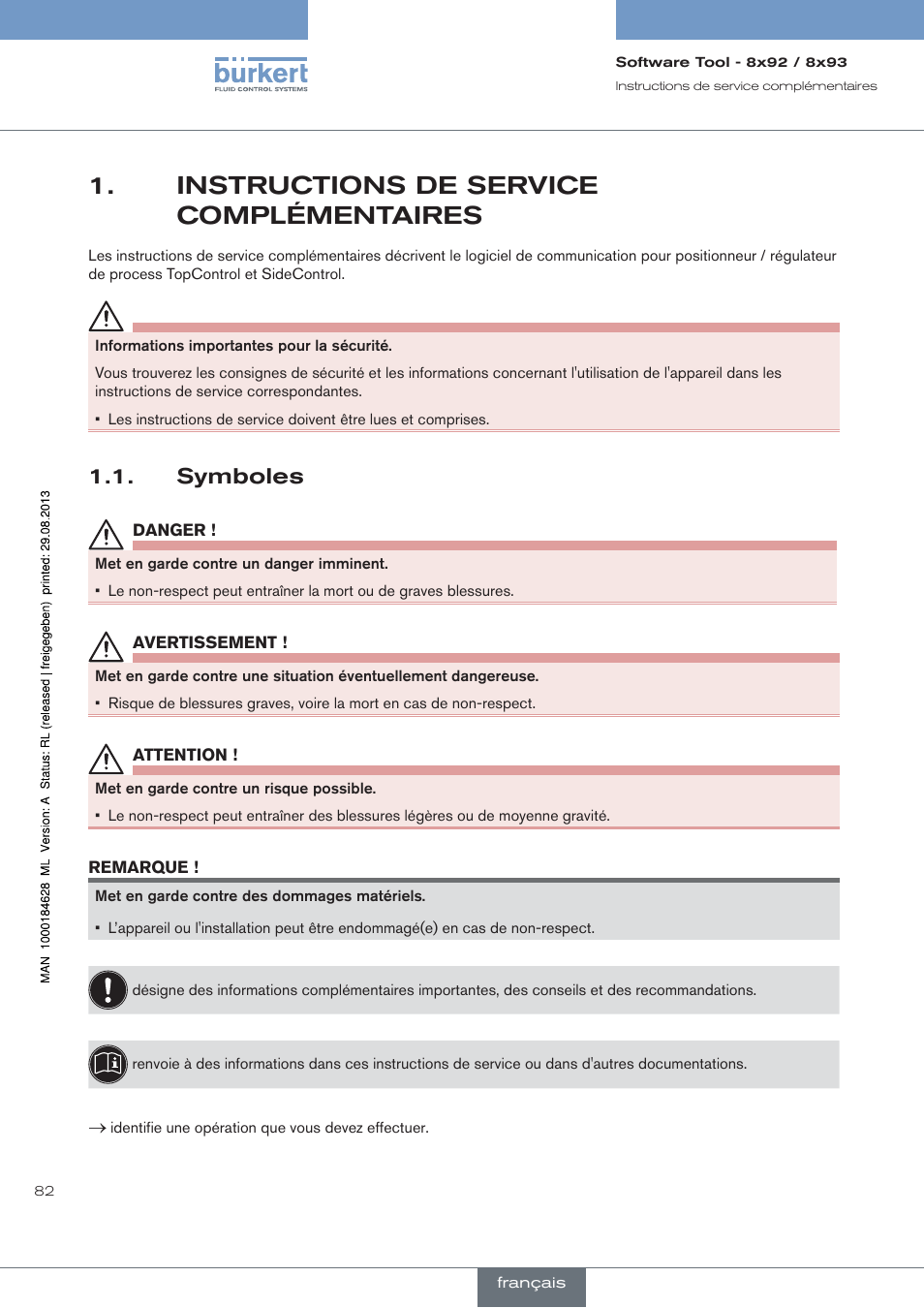 Instructions de service complémentaires, Symboles | Burkert Type 8793 User Manual | Page 82 / 118