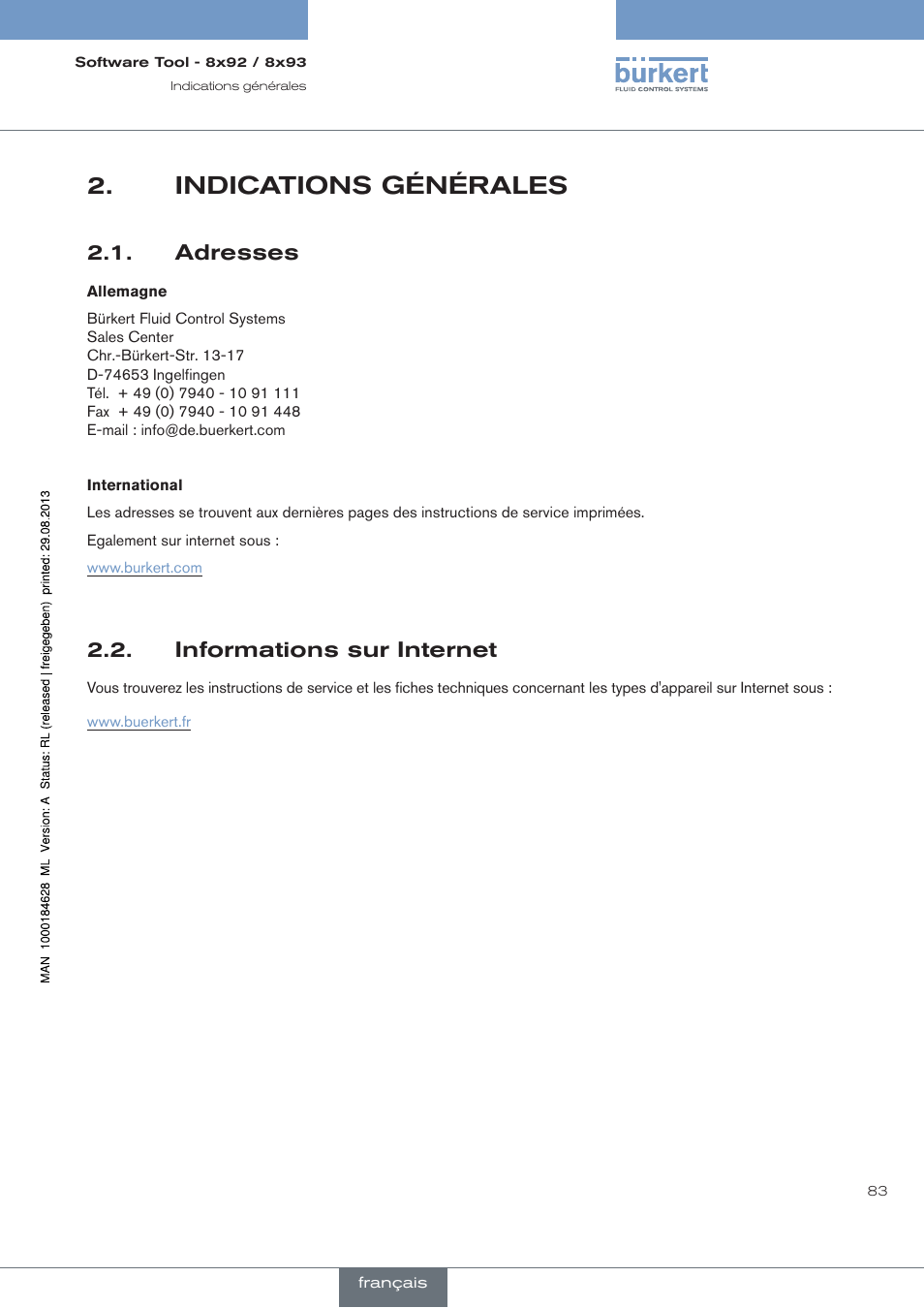 Indications générales, Adresses, Informations sur internet | Burkert Type 8793 User Manual | Page 83 / 118