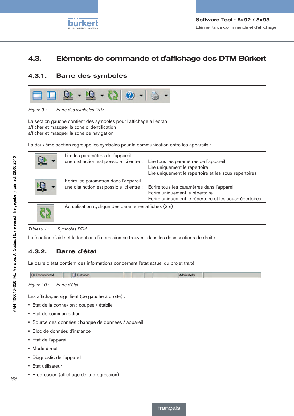 Barre des symboles, Barre d'état | Burkert Type 8793 User Manual | Page 88 / 118