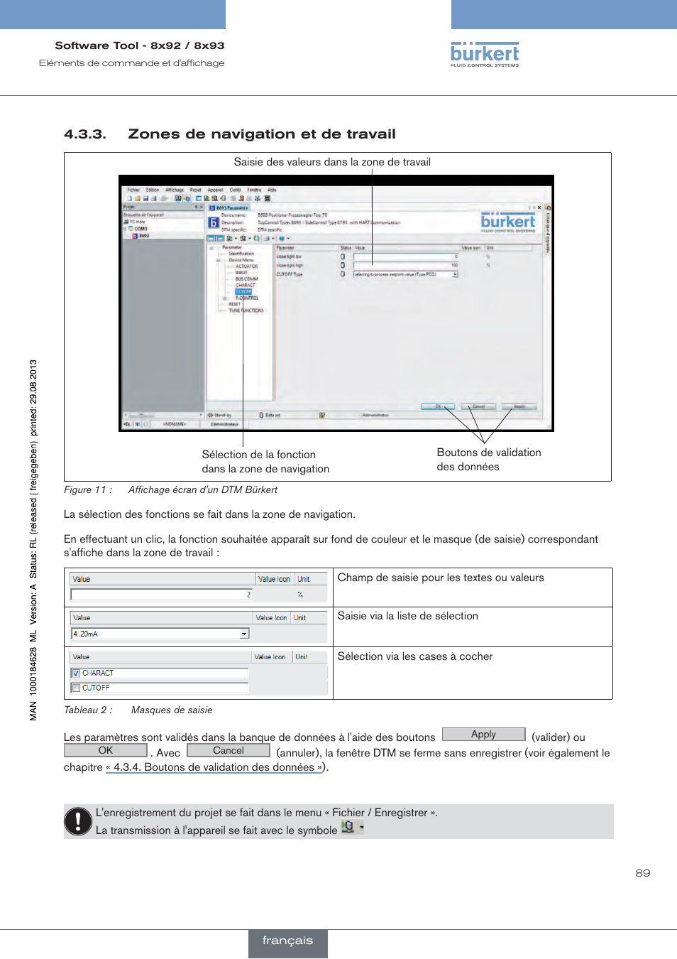 Zones de navigation et de travail | Burkert Type 8793 User Manual | Page 89 / 118