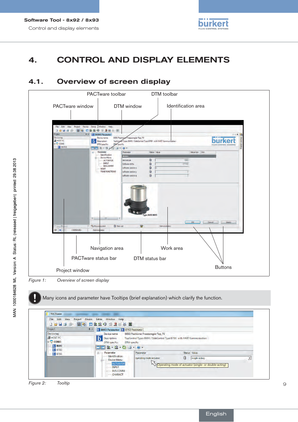 Control and display elements, Overview of screen display | Burkert Type 8793 User Manual | Page 9 / 118