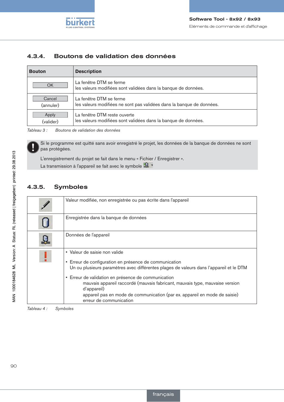 Boutons de validation des données, Symboles | Burkert Type 8793 User Manual | Page 90 / 118