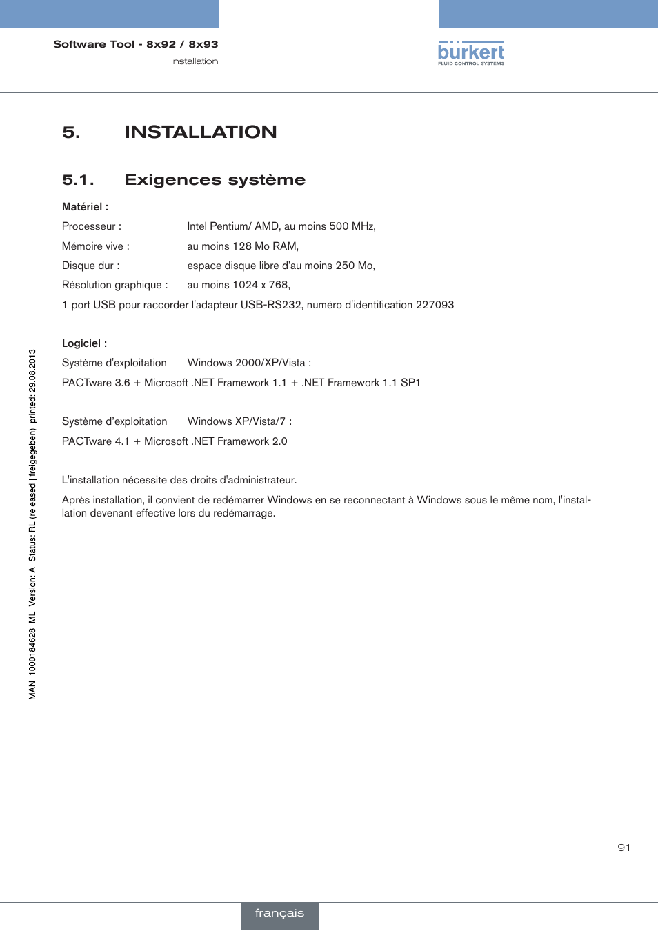 Installation, Exigences système | Burkert Type 8793 User Manual | Page 91 / 118