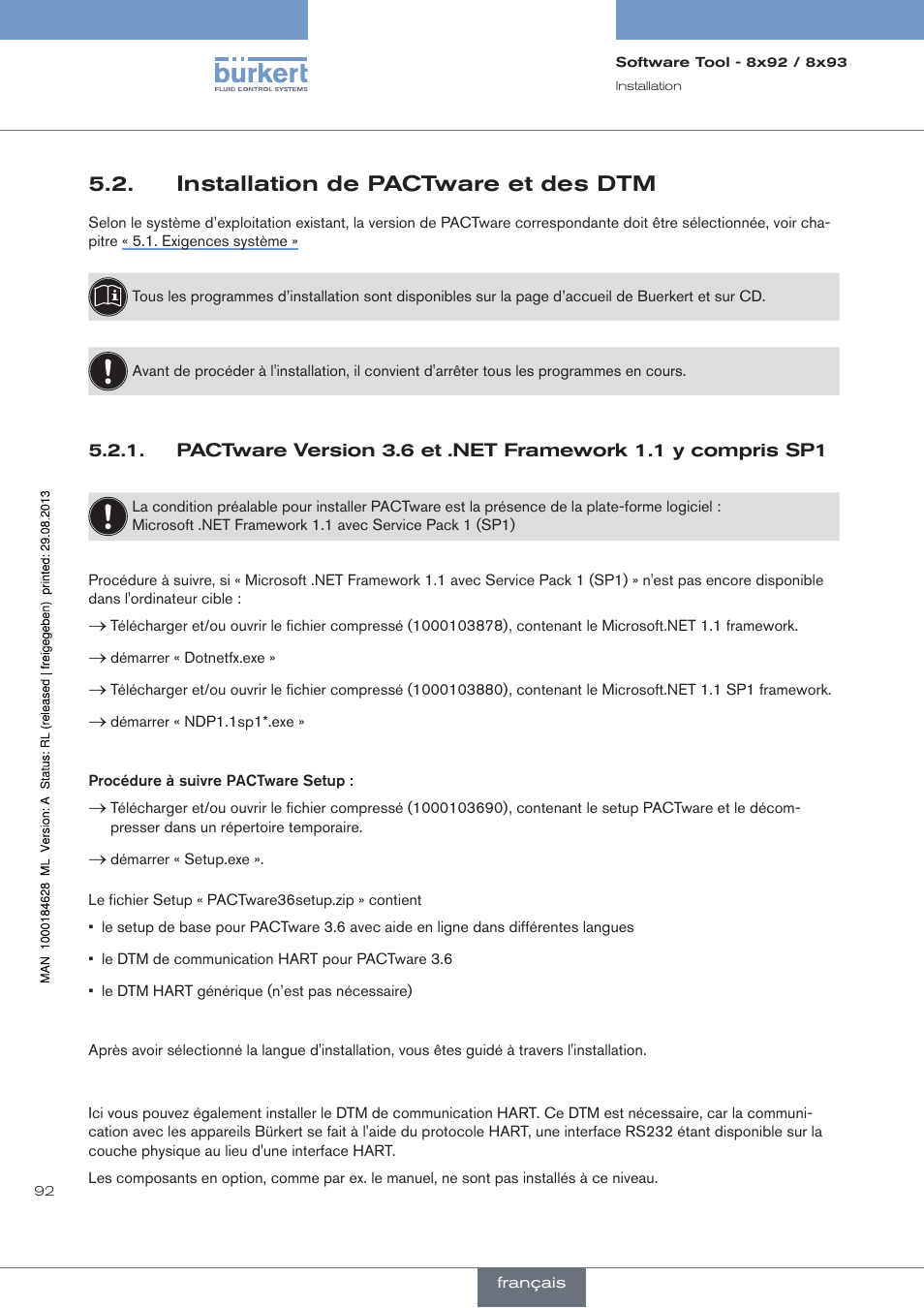 Installation de pactware et des dtm | Burkert Type 8793 User Manual | Page 92 / 118