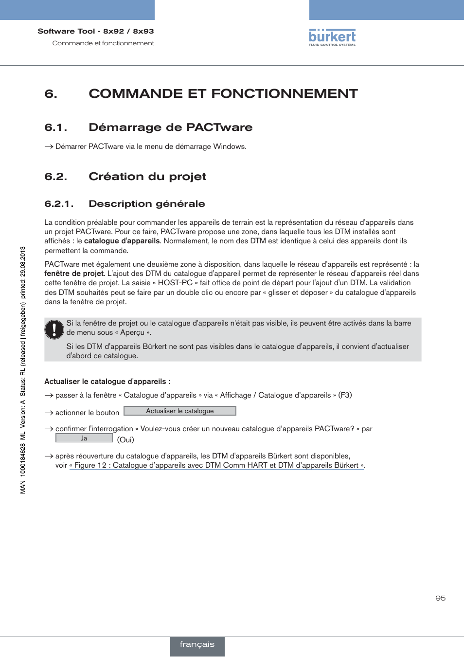 Commande et fonctionnement, Démarrage de pactware, Création du projet | Description générale | Burkert Type 8793 User Manual | Page 95 / 118