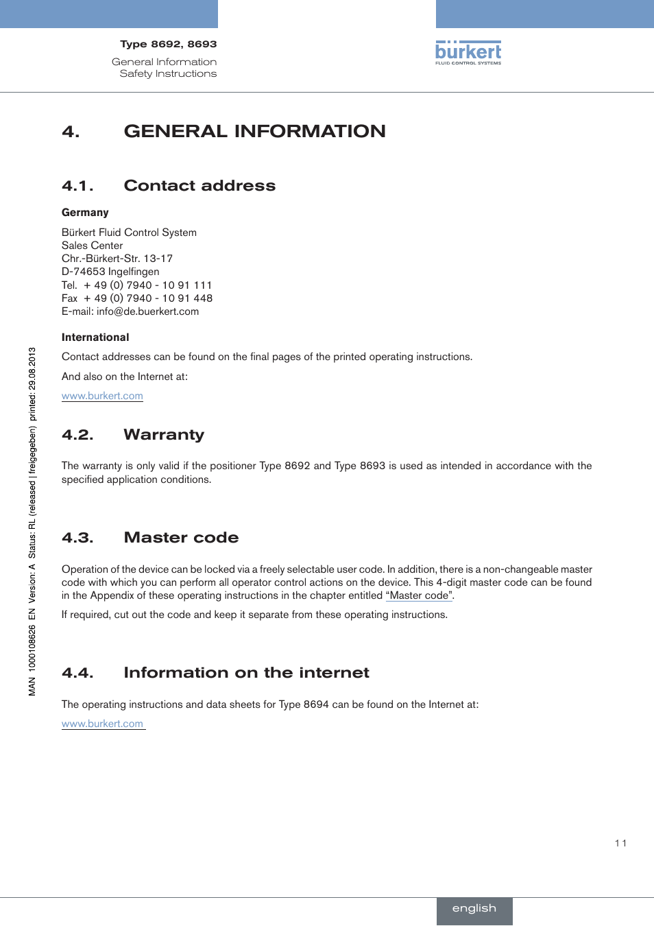 General.information, . contact.address, . warranty | . master.code, . information.on.the.internet, General information, Contact address, Warranty, Master code, Information on the internet | Burkert Type 8693 User Manual | Page 11 / 260