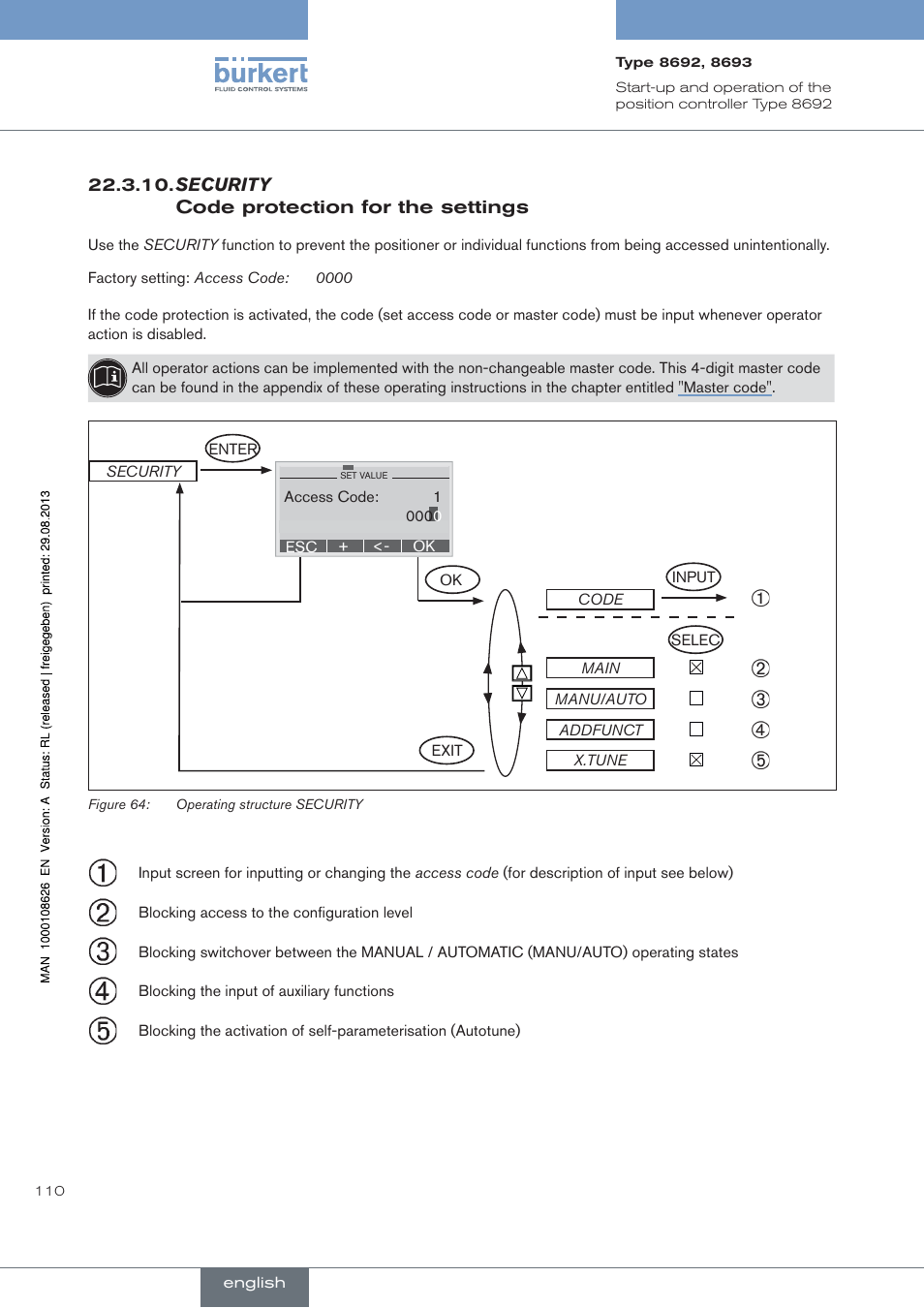 Security code protection for the settings | Burkert Type 8693 User Manual | Page 110 / 260