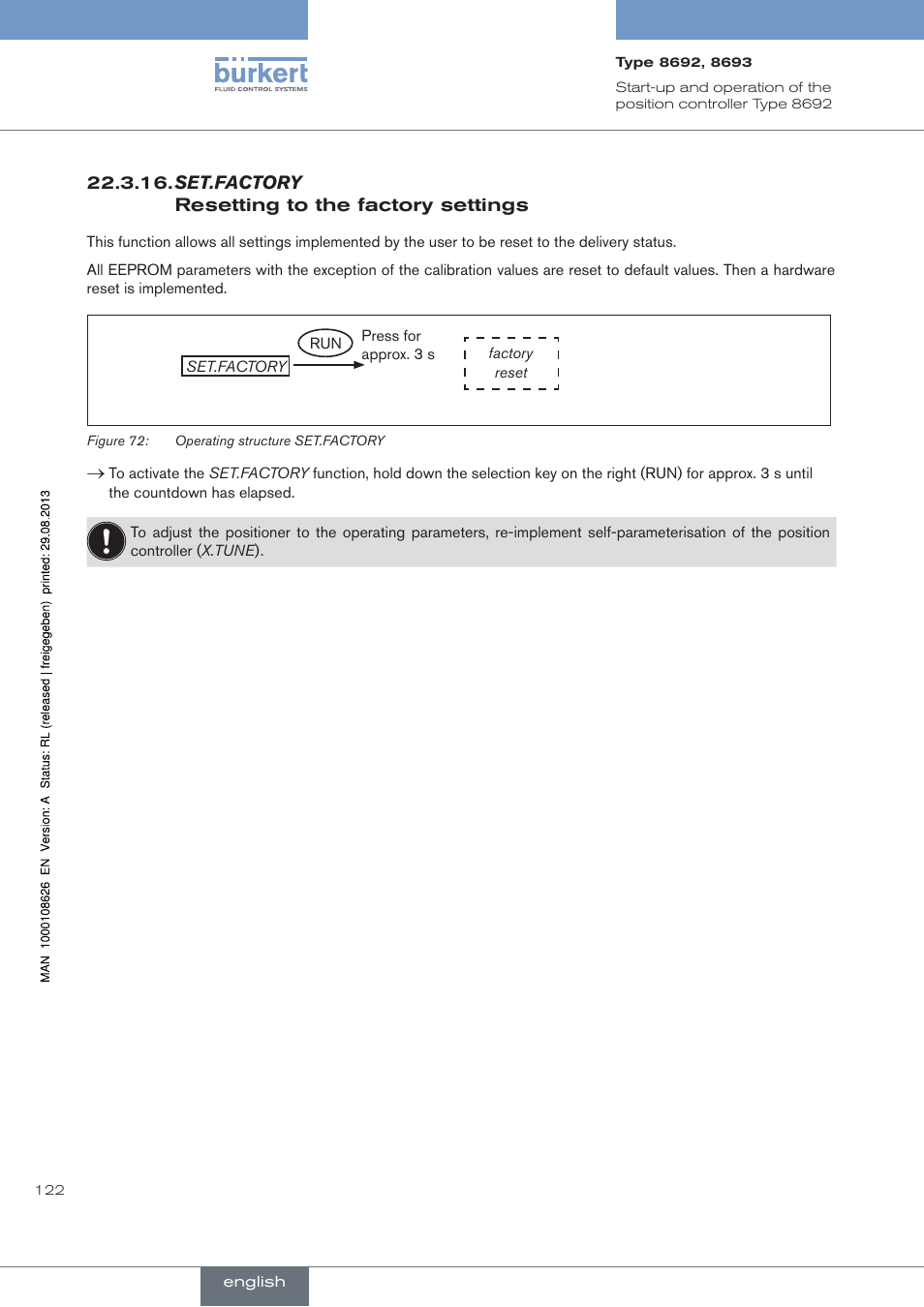 Set.factory resetting to the factory settings | Burkert Type 8693 User Manual | Page 122 / 260