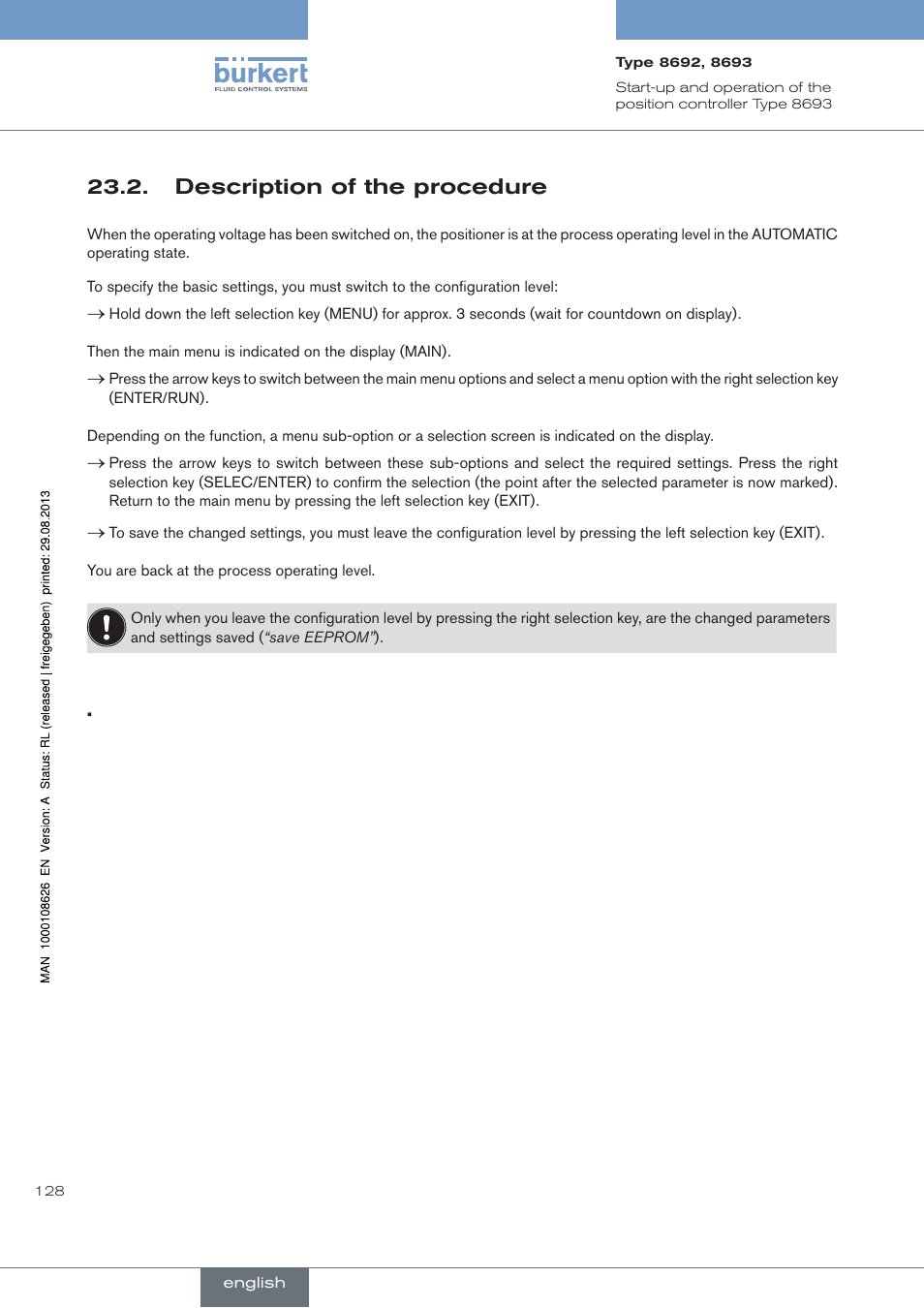 . description.of.the.procedure, Description of the procedure | Burkert Type 8693 User Manual | Page 128 / 260