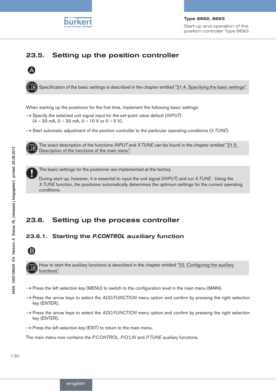 . setting.up.the.position.controller, . setting.up.the.process.controller, Starting the p.control auxiliary function | Setting up the position controller, Setting up the process controller | Burkert Type 8693 User Manual | Page 130 / 260