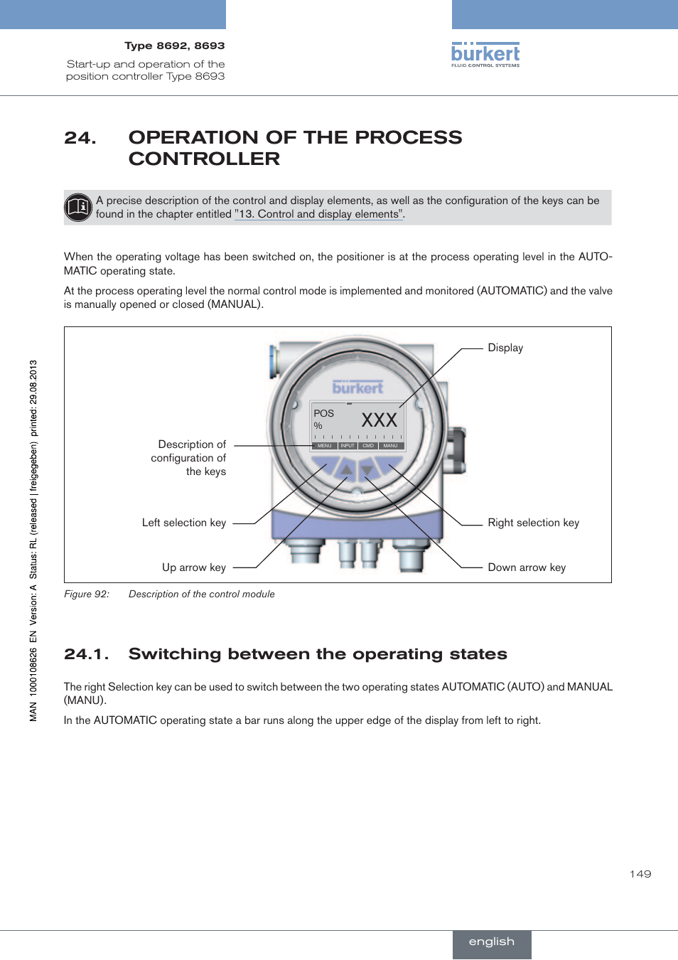 Operation.of.the.process.controller, . switching.between.the.operating.states, Operation of the process controller | Switching between the operating states | Burkert Type 8693 User Manual | Page 149 / 260